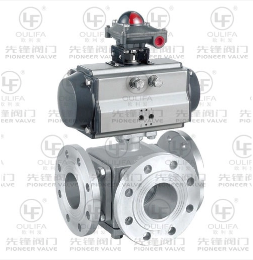 V&aacute;lvula de bola neum&aacute;tica de 3 v&iacute;as con bridas Puerto L o Puerto T